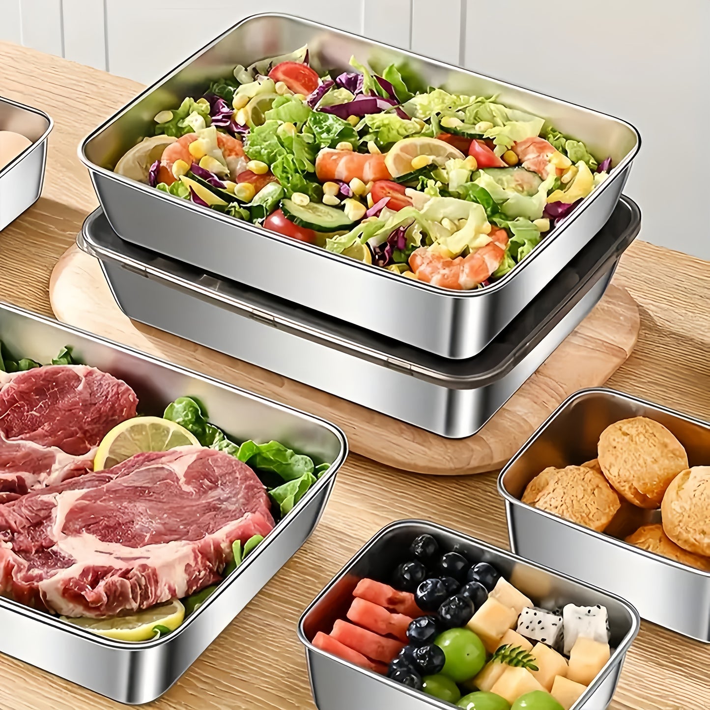 Three Stainless Steel Food Storage Containers - Leak-Proof, Reusable, Perfect for Fruits, Meats, Vegetables, Easy to Clean, Stackable Kitchen Organizers for Refrigerators, Freezers And Food Pantries, Pantry Storage