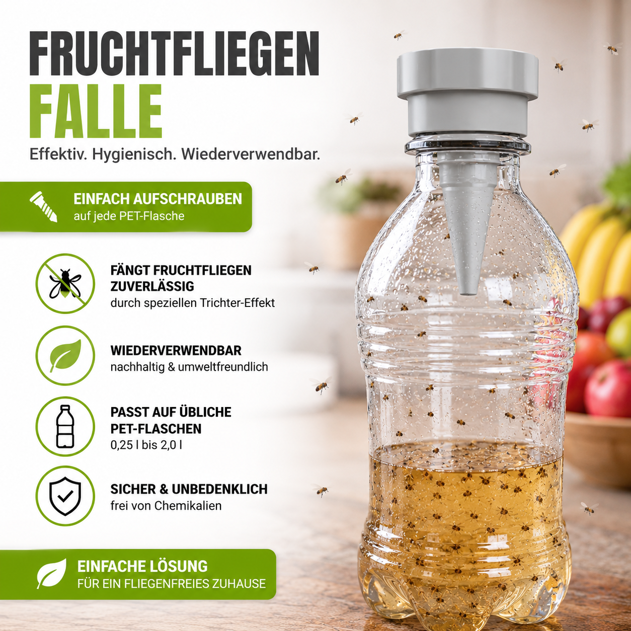 Fruchtfliegenfalle zum Aufschrauben auf PET-Flaschen – Einfach, wiederverwendbar & ohne Klebefallen