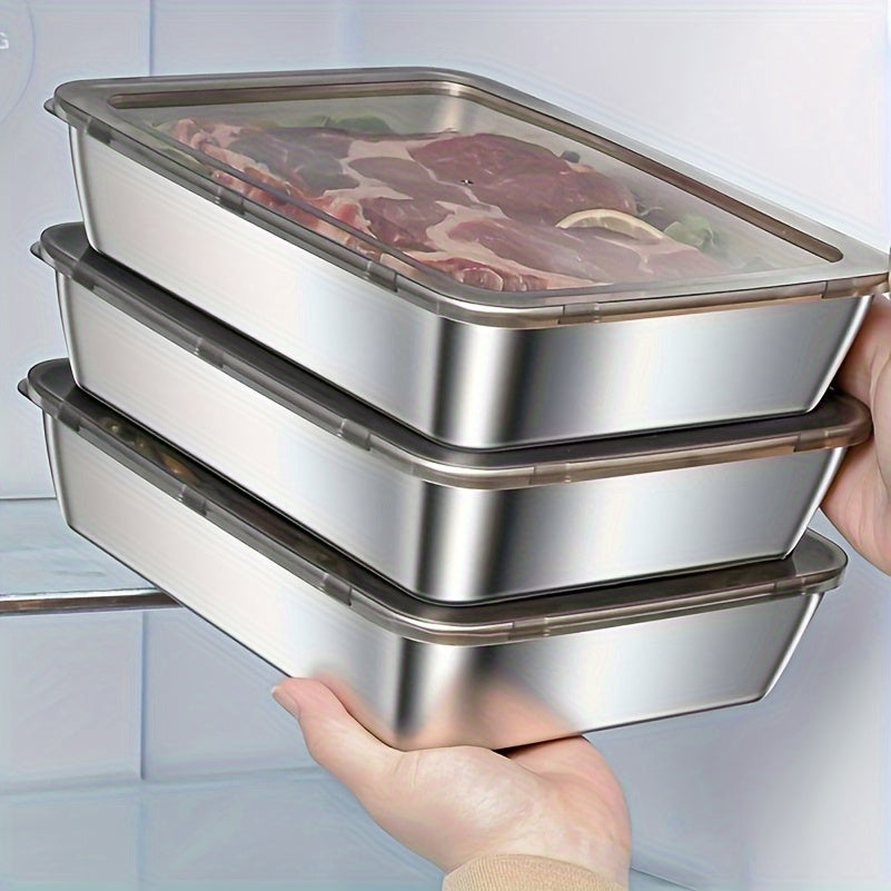 Three Stainless Steel Food Storage Containers - Leak-Proof, Reusable, Perfect for Fruits, Meats, Vegetables, Easy to Clean, Stackable Kitchen Organizers for Refrigerators, Freezers And Food Pantries, Pantry Storage