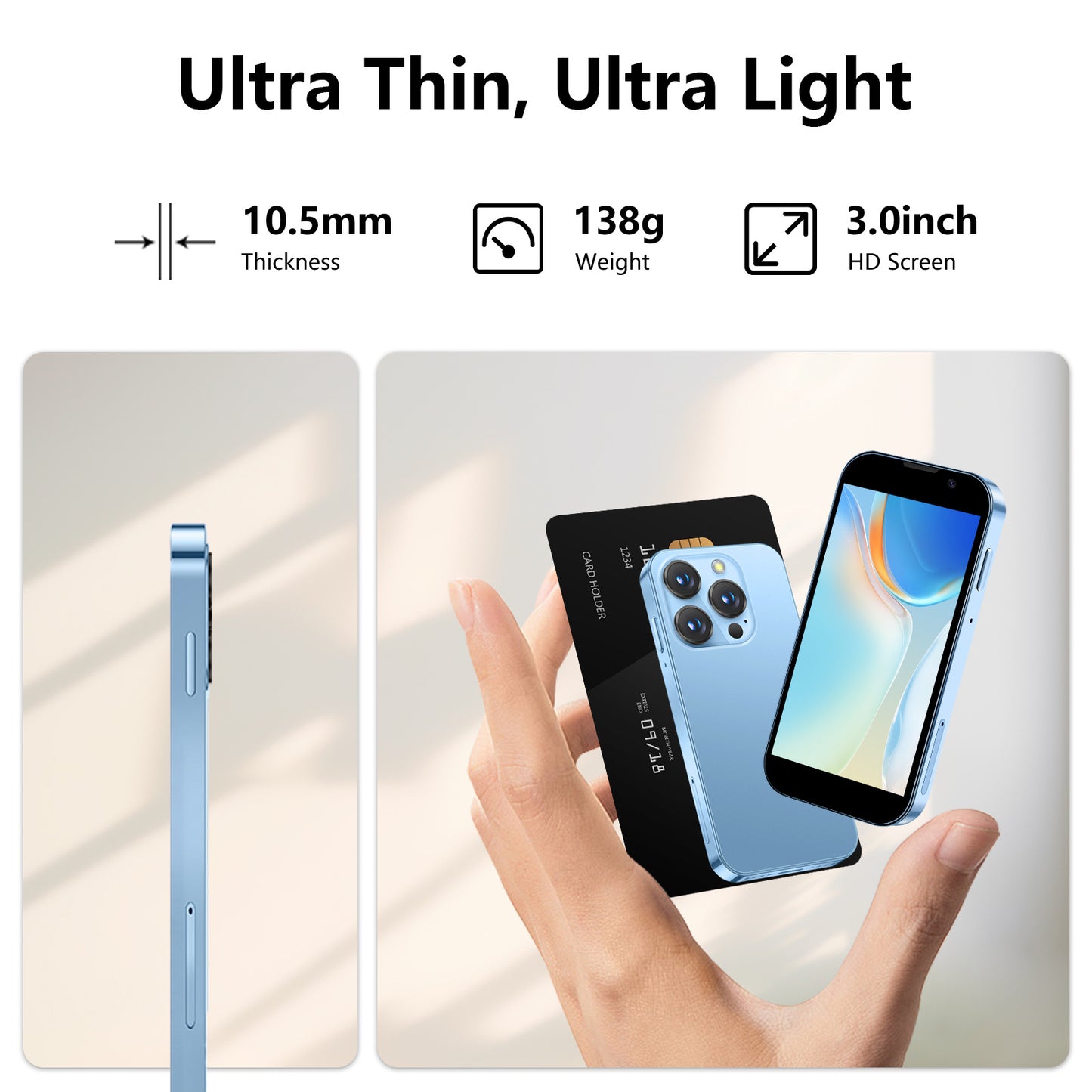 Android Phone mit 3-Zoll-Display, Quad-Core-Prozessor, 16 GB Speicher, Type-C-Ladeanschluss, 3G-Verbindung, SIM-frei, Dual-SIM-Unterstützung und microSD-Erweiterung bis 128 GB