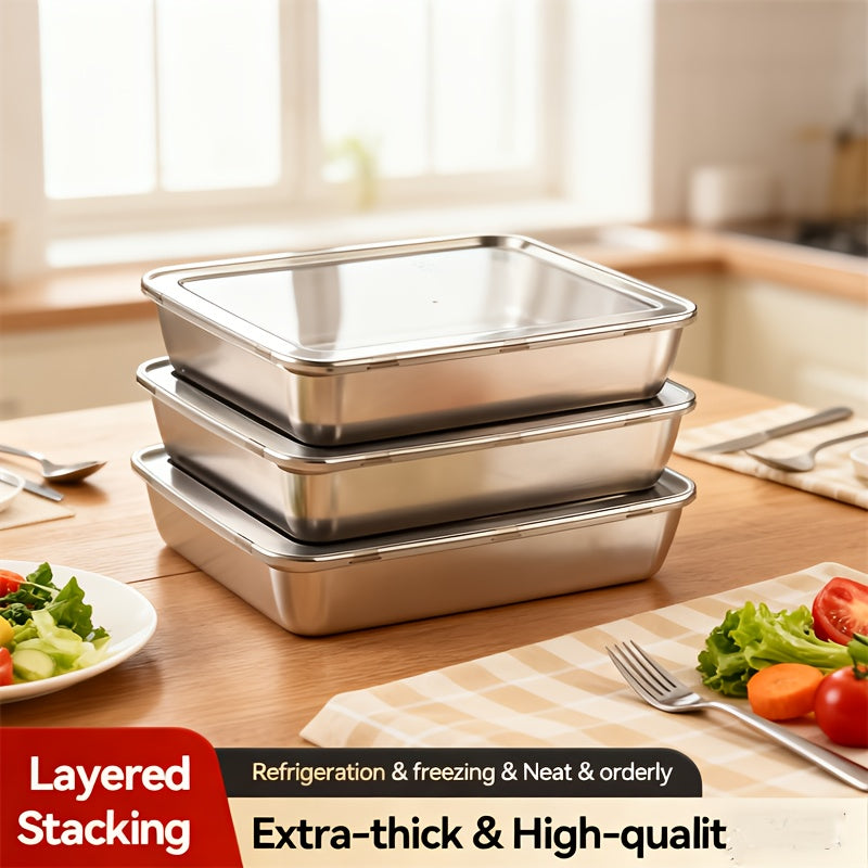 Three Stainless Steel Food Storage Containers - Leak-Proof, Reusable, Perfect for Fruits, Meats, Vegetables, Easy to Clean, Stackable Kitchen Organizers for Refrigerators, Freezers And Food Pantries, Pantry Storage