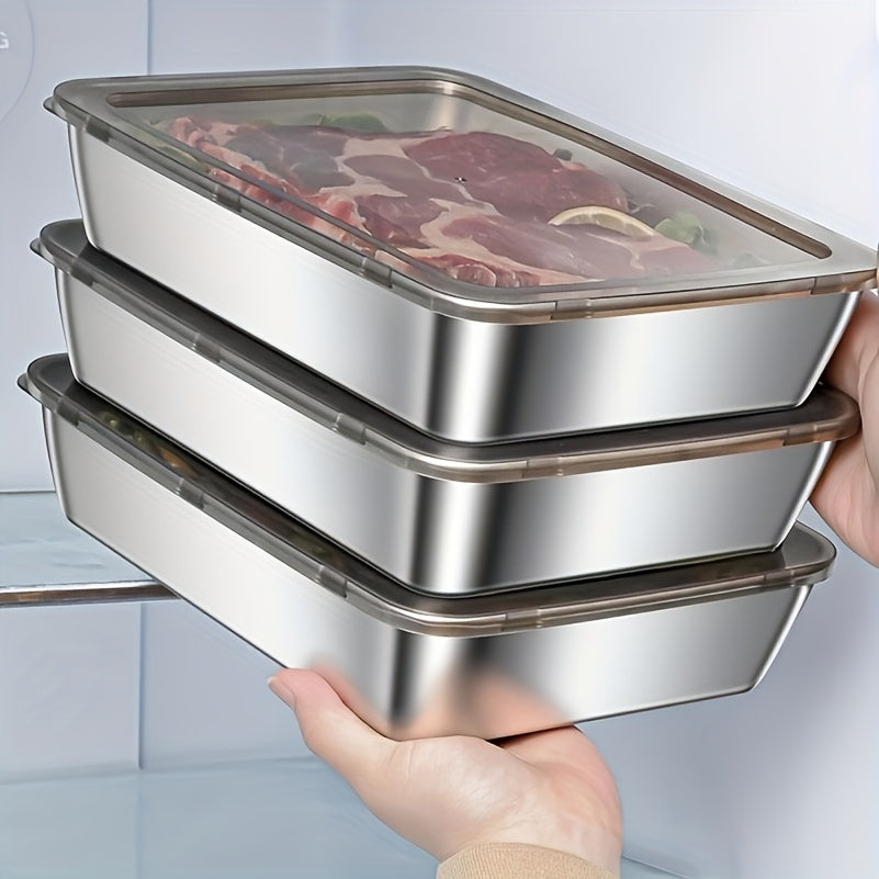 Three Stainless Steel Food Storage Containers - Leak-Proof, Reusable, Perfect for Fruits, Meats, Vegetables, Easy to Clean, Stackable Kitchen Organizers for Refrigerators, Freezers And Food Pantries, Pantry Storage
