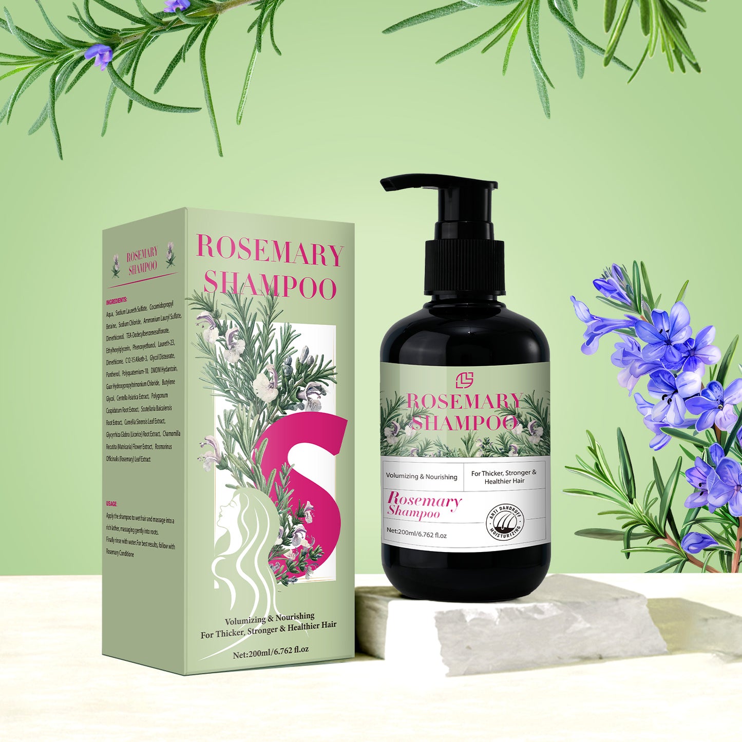 Rosmarin Shampoo mit Pflanzenextrakten, feuchtigkeitsspendende Pflege für sichtbar gepflegtes, trockenes und beschädigtes Haar, für Frauen und Männer
