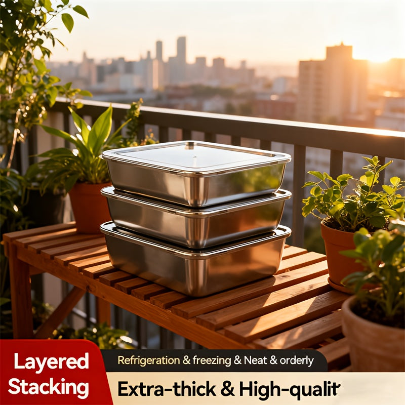 Three Stainless Steel Food Storage Containers - Leak-Proof, Reusable, Perfect for Fruits, Meats, Vegetables, Easy to Clean, Stackable Kitchen Organizers for Refrigerators, Freezers And Food Pantries, Pantry Storage