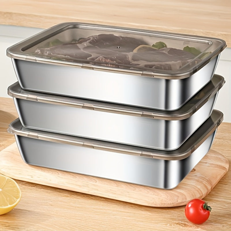 Three Stainless Steel Food Storage Containers - Leak-Proof, Reusable, Perfect for Fruits, Meats, Vegetables, Easy to Clean, Stackable Kitchen Organizers for Refrigerators, Freezers And Food Pantries, Pantry Storage