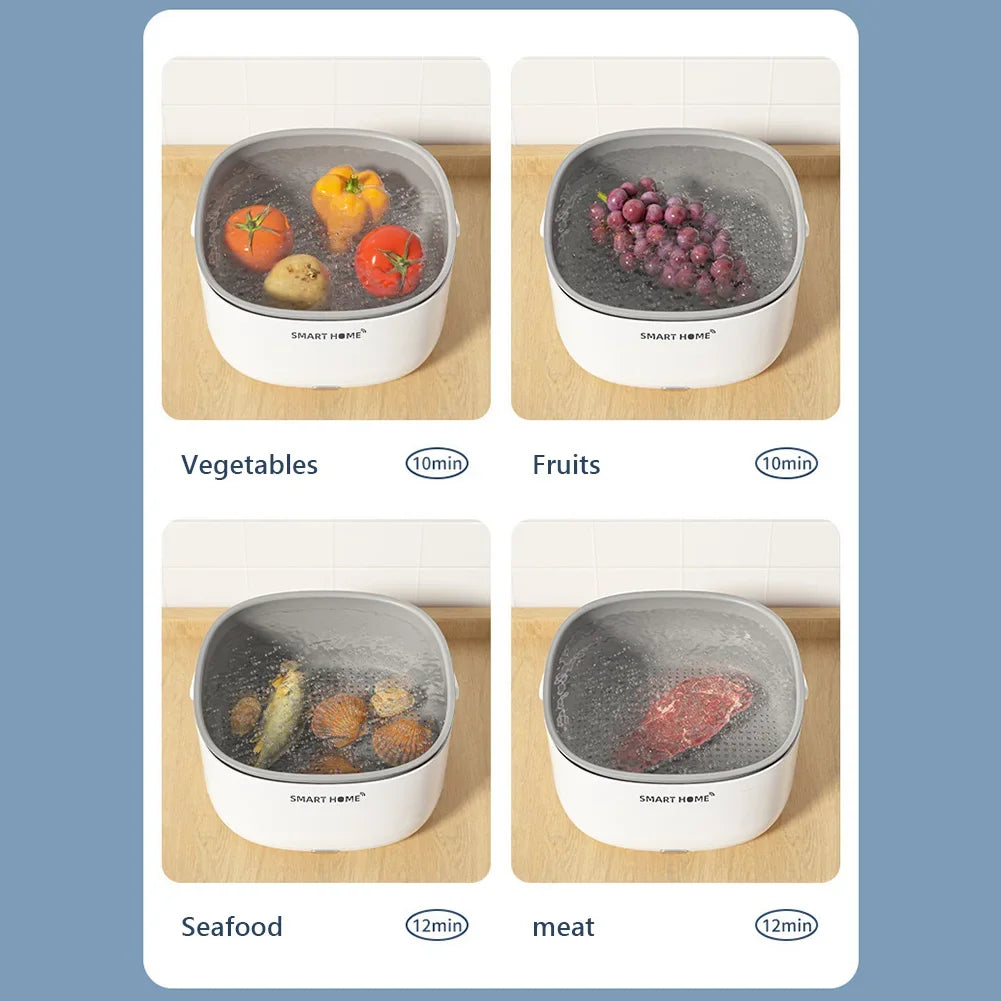 Kabelloser Ultraschall-Reiniger – Entfernt Pestizide, Schmutz & Bakterien von Obst, Gemüse, Fleisch & Fisch 360° Reinigung mit Abtropfkorb