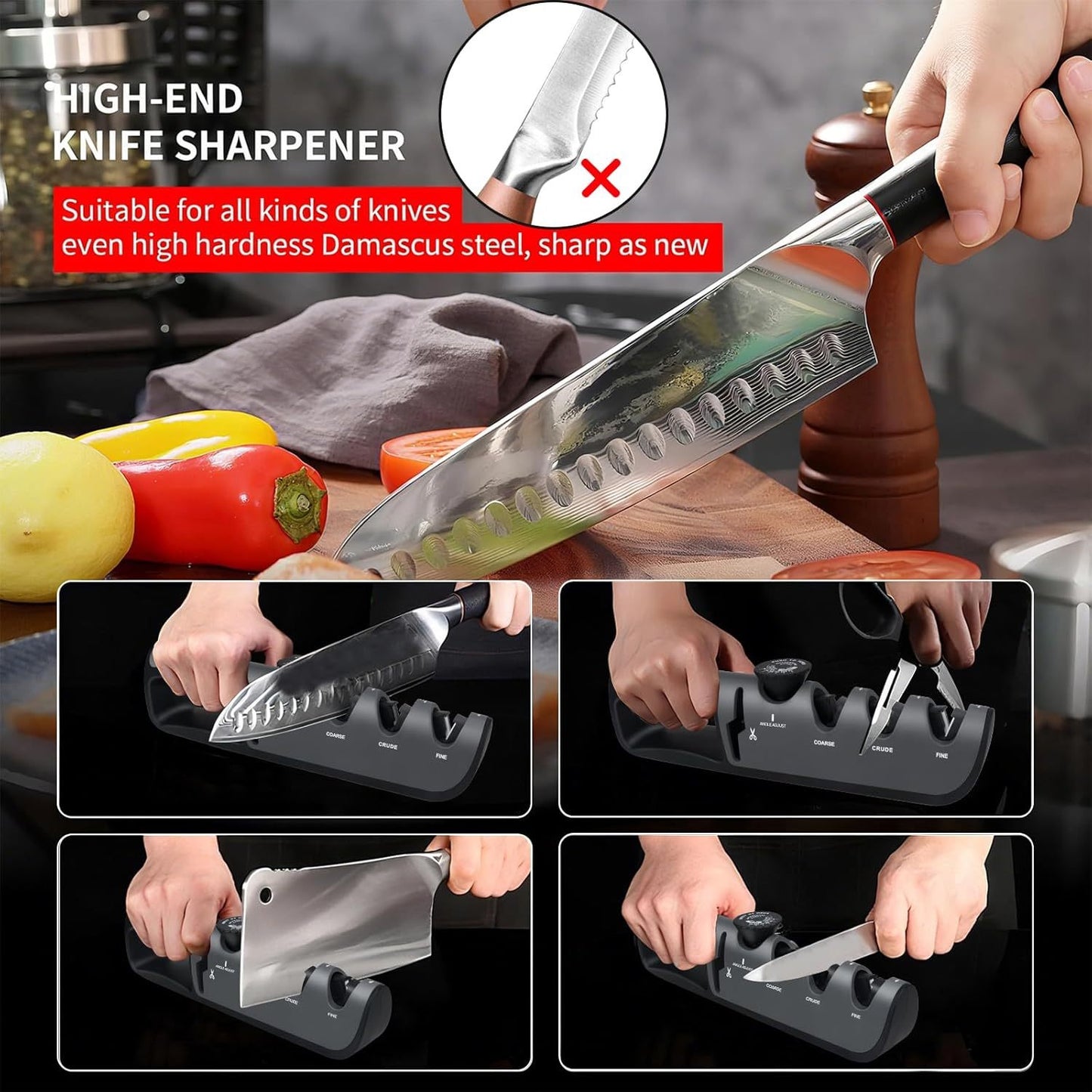 4-in-1 Messerschärfer & Scheren-Schärfer scharfe Messer, perfekte Klingenpflege in Sekunden für Zuhause