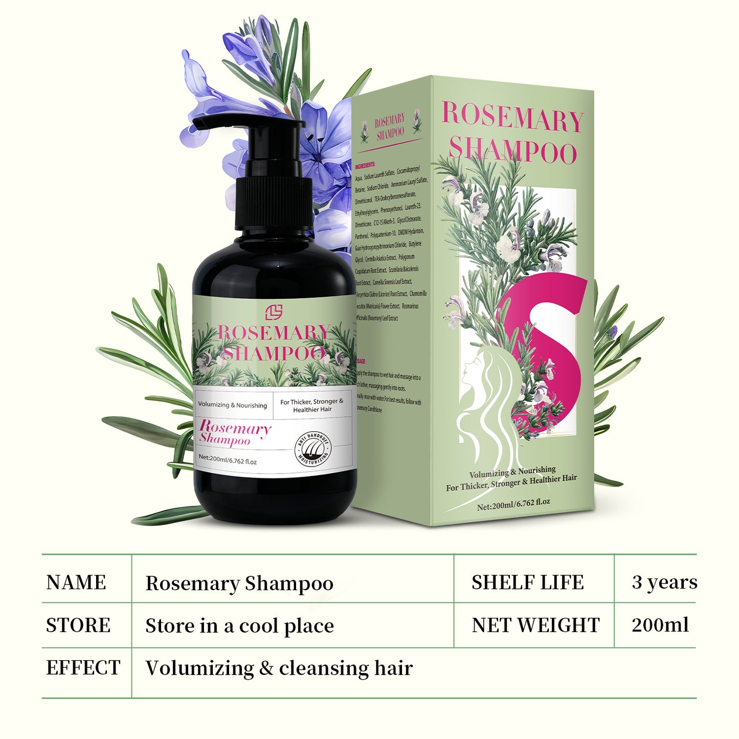 Rosmarin Shampoo mit Pflanzenextrakten, feuchtigkeitsspendende Pflege für sichtbar gepflegtes, trockenes und beschädigtes Haar, für Frauen und Männer