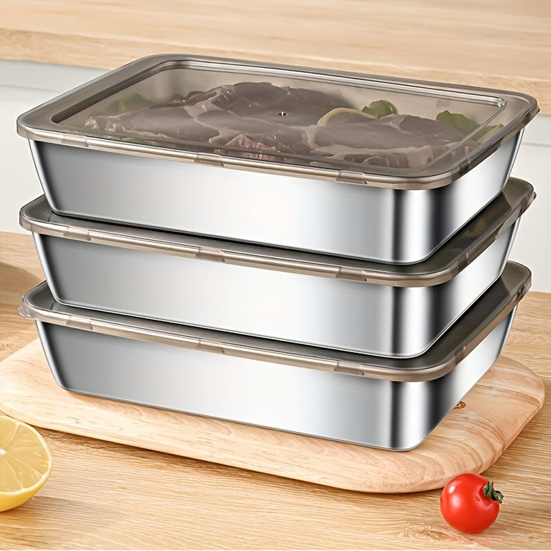 Three Stainless Steel Food Storage Containers - Leak-Proof, Reusable, Perfect for Fruits, Meats, Vegetables, Easy to Clean, Stackable Kitchen Organizers for Refrigerators, Freezers And Food Pantries, Pantry Storage