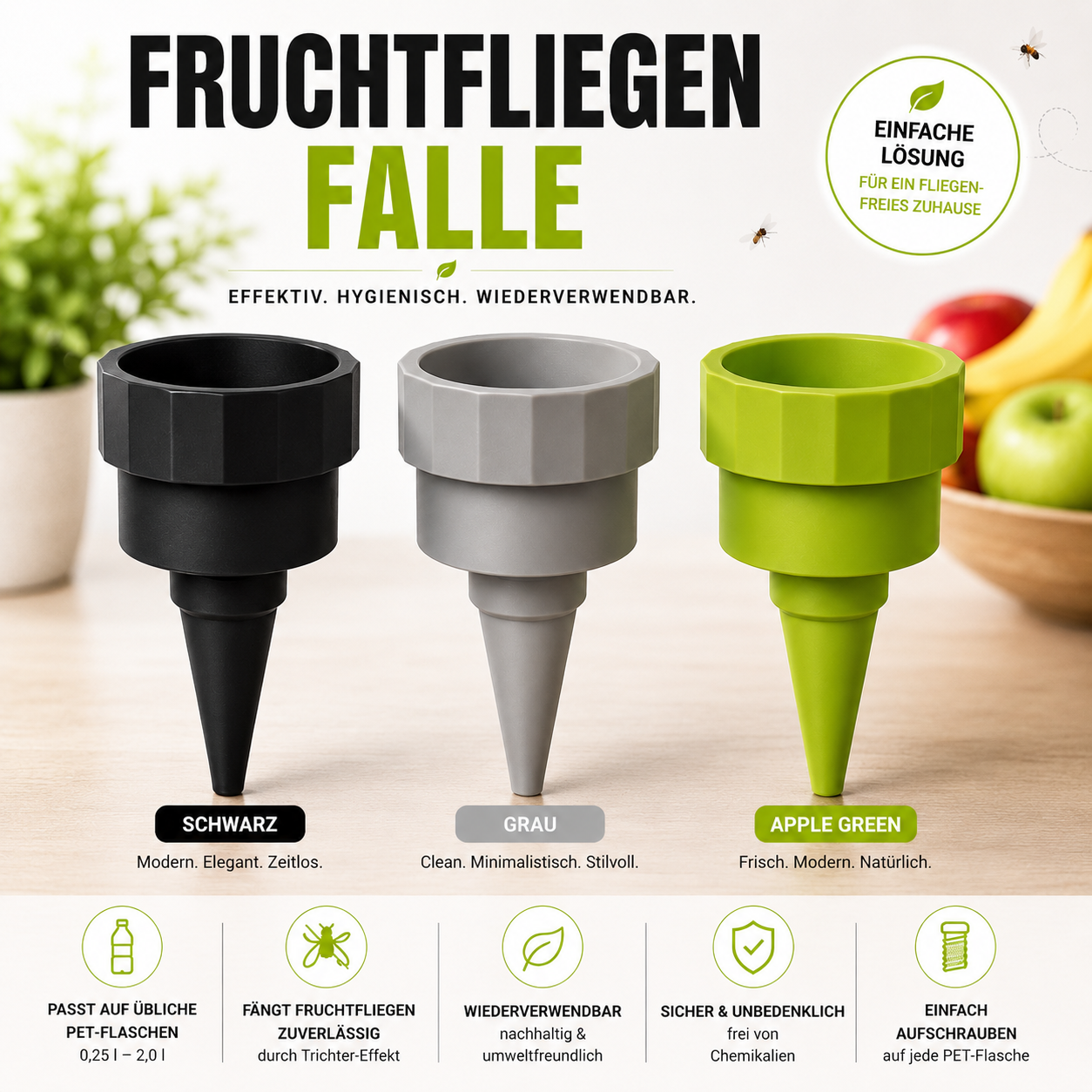 Fruchtfliegenfalle zum Aufschrauben auf PET-Flaschen – Einfach, wiederverwendbar & ohne Klebefallen